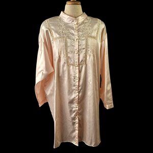 Aria 90s Pink Satin Embroidered Nightshirt Women Sz L Button Up Nehru Collar